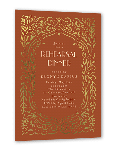 Wonderful Weave Rehearsal Dinner Invitation, Gold Foil, Orange, 5x7 Flat, Luxe Double-Thick Cardstock, Square, Caramel
