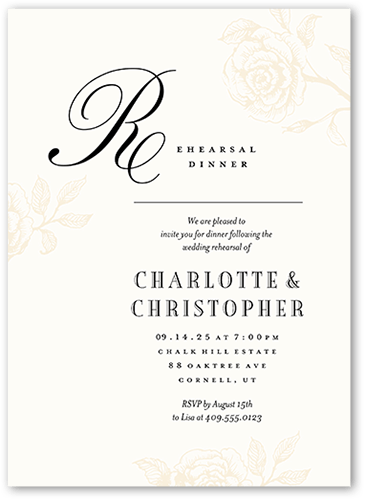 Romantic Rose Rehearsal Dinner Invitation, Beige, 5x7 Flat, 100% Recycled Cardstock , Square, Antique White