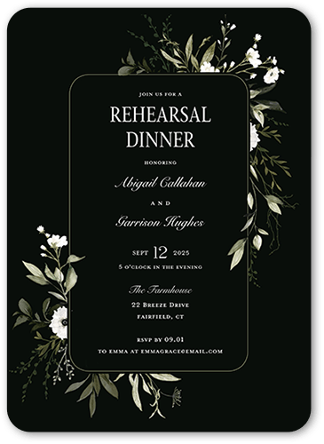 Floral Filigree Rehearsal Dinner Invitation, Black, 5x7 Flat, Pearl Shimmer Cardstock, Rounded