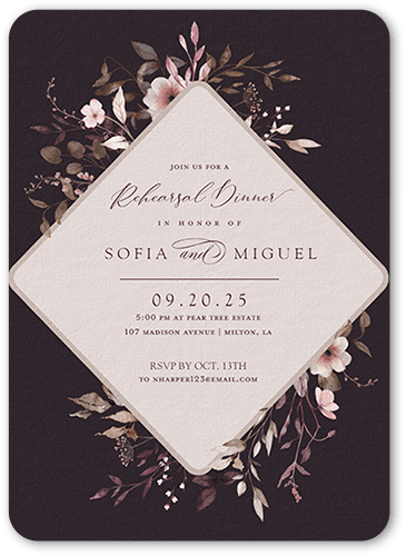 Blissful Bloom Rehearsal Dinner Invitation, Pink, 5x7 Flat, 100% Recycled Cardstock , Rounded