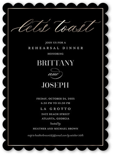 Elegantly Engaged Rehearsal Dinner Invitation, Black, 5x7 Flat, Matte, Signature Smooth Cardstock, Scallop