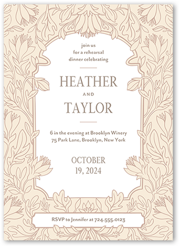 Newlywed Nouveau Rehearsal Dinner Invitation, White, 5x7 Flat, 100% Recycled Cardstock , Square, Almond