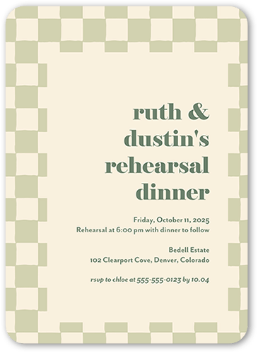 Checkerboard Chapel Rehearsal Dinner Invitation, Green, 5x7 Flat, 100% Recycled Cardstock , Rounded, Sage