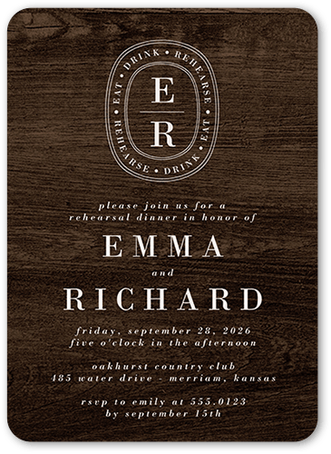 Majestic Monogram Rehearsal Dinner Invitation, Brown, 5x7, Standard Smooth Cardstock, Rounded