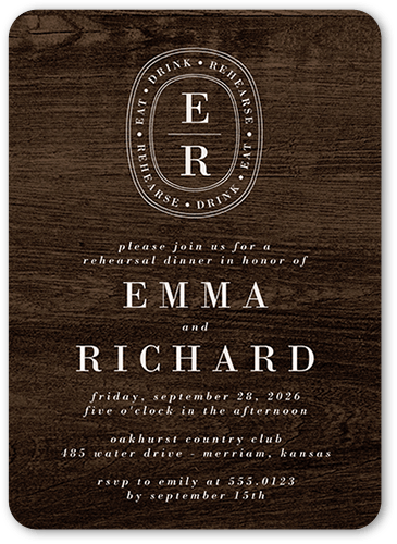 Majestic Monogram Rehearsal Dinner Invitation, Brown, 5x7 Flat, Standard Smooth Cardstock, Rounded, Wood