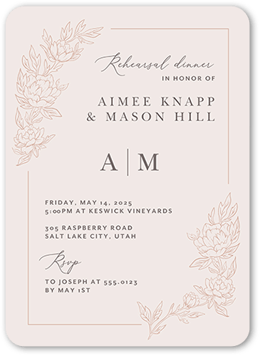 Floral Curve Rehearsal Dinner Invitation, Pink, 5x7 Flat, Pearl Shimmer Cardstock, Rounded