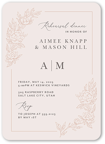 Floral Curve Rehearsal Dinner Invitation, Pink, 5x7 Flat, Standard Smooth Cardstock, Rounded