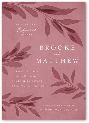 Pressed Leaves Rehearsal Dinner Invitation, Pink, 5x7 Flat, Matte, Signature Smooth Cardstock, Square, Blush