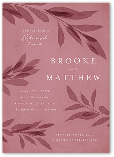 Pressed Leaves Rehearsal Dinner Invitation, Pink, 5x7 Flat, Pearl Shimmer Cardstock, Square