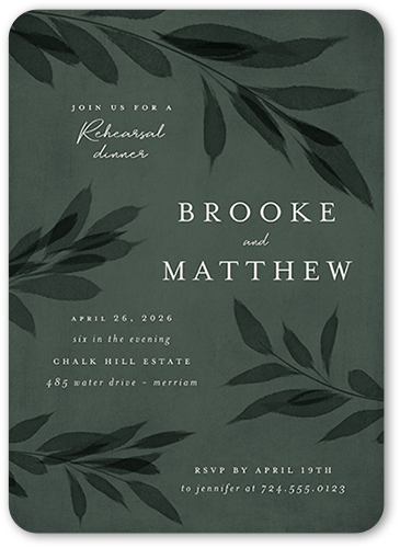 Pressed Leaves Rehearsal Dinner Invitation, Green, 5x7 Flat, 100% Recycled Cardstock , Rounded, Green