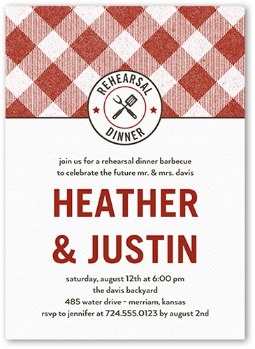 Backyard Banquet Rehearsal Dinner Invitation, Red, 5x7 Flat, Pearl Shimmer Cardstock, Square