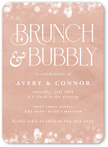 Bokeh Bubbly Rehearsal Dinner Invitation, Pink, 5x7 Flat, Matte, Signature Smooth Cardstock, Rounded, Blush