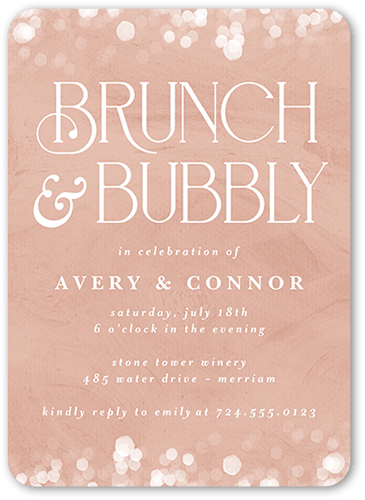 Bokeh Bubbly Rehearsal Dinner Invitation, Pink, 5x7 Flat, Matte, Signature Smooth Cardstock, Rounded