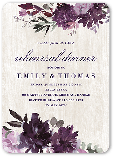 Muted Florals Rehearsal Dinner Invitation, Purple, 5x7 Flat, Standard Smooth Cardstock, Rounded, Blackberry Jam