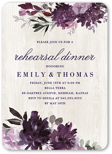 Muted Florals Rehearsal Dinner Invitation, Purple, 5x7 Flat, Matte, Signature Smooth Cardstock, Rounded