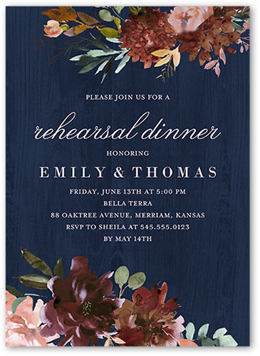 Muted Florals Rehearsal Dinner Invitation, Blue, 5x7 Flat, 100% Recycled Cardstock , Square