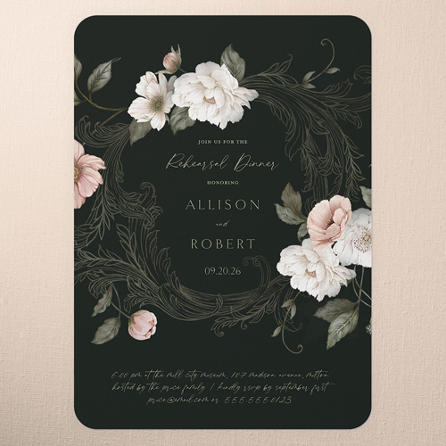 Peaceful Flowers Rehearsal Dinner Invitation, Black, 5x7 Flat, 100% Recycled Cardstock , Rounded, Black