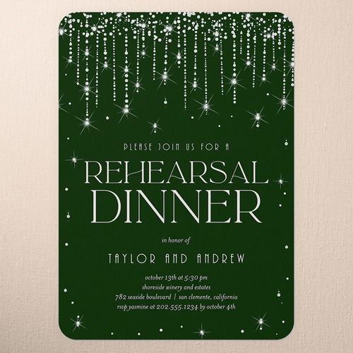 Adorned Glimmer Rehearsal Dinner Invitation, Green, 5x7 Flat, Pearl Shimmer Cardstock, Rounded