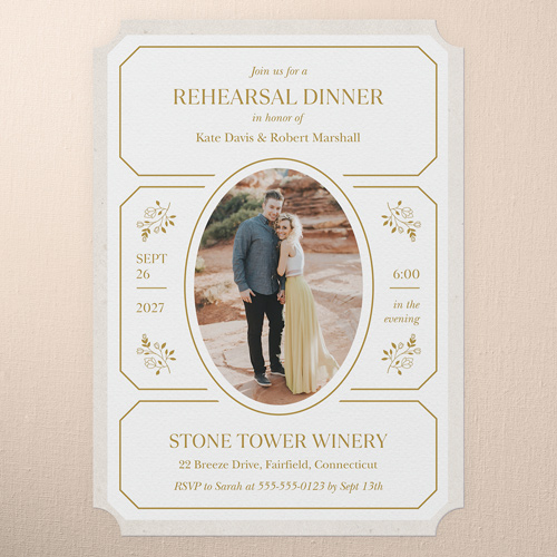 Eloquently Enclosed Rehearsal Dinner Invitation, White, 5x7 Flat, Pearl Shimmer Cardstock, Ticket