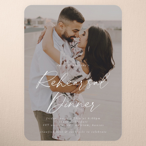 Joining In Joy Rehearsal Dinner Invitation, Grey, 5x7 Flat, Write Your Own Greeting, Pearl Shimmer Cardstock, Rounded, Burnt Ash