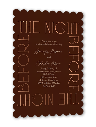 Romantic Gleam Rehearsal Dinner Invitation, Rose Gold Foil, Red, 5x7 Flat, Pearl Shimmer Cardstock, Scallop