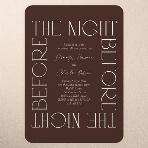 Romantic Gleam Rehearsal Dinner Invitation, Red, Silver Foil, 5x7 Flat, Pearl Shimmer Cardstock, Rounded