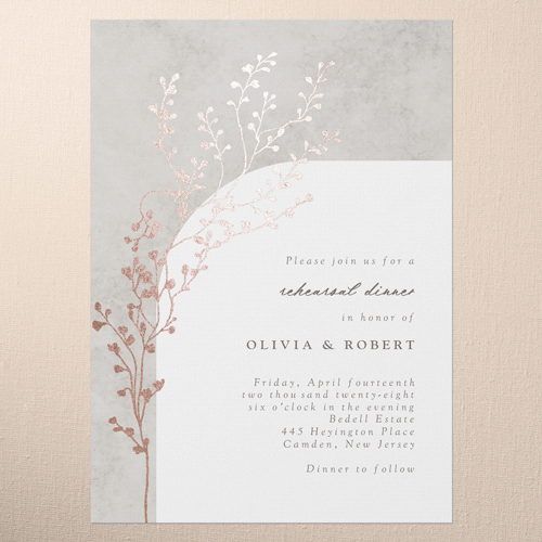 Beaming Branch Rehearsal Dinner Invitation, Rose Gold Foil, Gray, 5x7 Flat, Matte, Signature Smooth Cardstock, Square