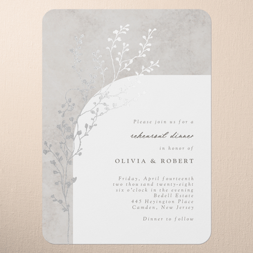 Beaming Branch Rehearsal Dinner Invitation, Gray, Silver Foil, 5x7 Flat, Pearl Shimmer Cardstock, Rounded