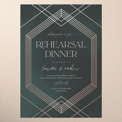 Diamond Deco Rehearsal Dinner Invitation, Green, Rose Gold Foil, 5x7 Flat, Pearl Shimmer Cardstock, Square, Green