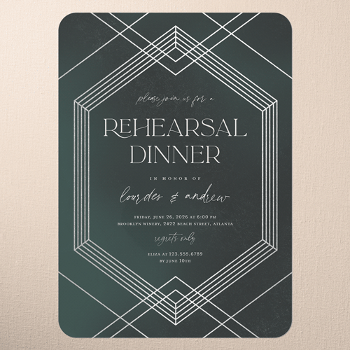 Diamond Deco Rehearsal Dinner Invitation, Green, Silver Foil, 5x7 Flat, Pearl Shimmer Cardstock, Rounded, Green