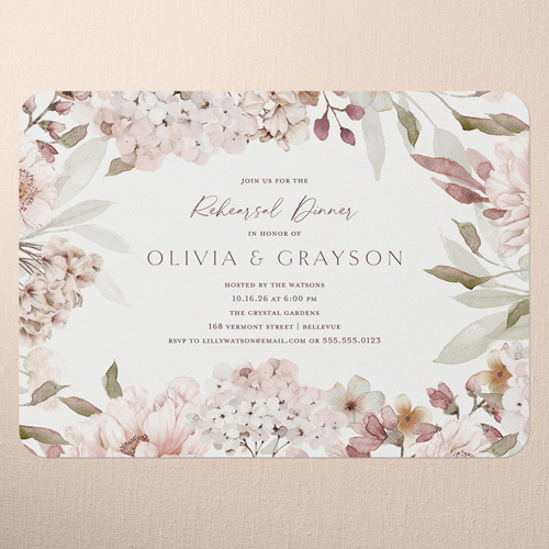 Hydrangea Highlight Rehearsal Dinner Invitation, Pink, 5x7 Flat, Matte, Signature Smooth Cardstock, Rounded