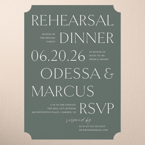 Staggered Type Rehearsal Dinner Invitation, Green, 5x7 Flat, Pearl Shimmer Cardstock, Ticket