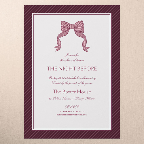 Classical Bow Rehearsal Dinner Invitation, Red, 5x7 Flat, Pearl Shimmer Cardstock, Square, Red