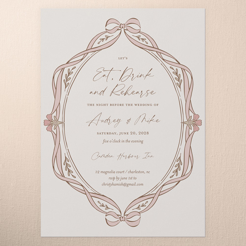 Double Bow Enclosure Rehearsal Dinner Invitation, Pink, 5x7 Flat, Luxe Double-Thick Cardstock, Square, Chenille