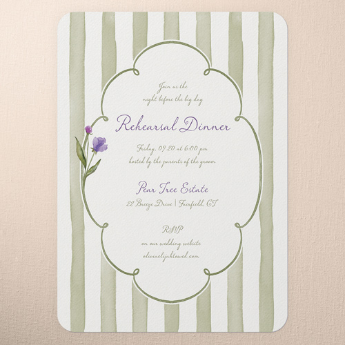 Watercolor Wildflowers Rehearsal Dinner Invitation, Purple, 5x7 Flat, Pearl Shimmer Cardstock, Rounded, Baroque