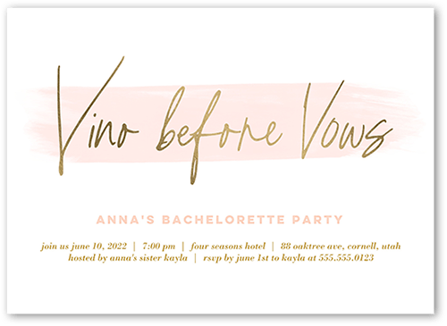 Vino Before Vows Bachelorette Party Invitation, White, 5x7 Flat, Luxe Double-Thick Cardstock, Square