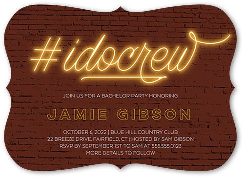 I Do Crew Bachelor Party Invitation, Brown, 5x7 Flat, Pearl Shimmer Cardstock, Bracket