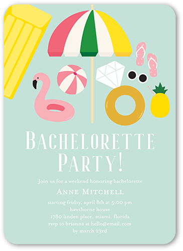 Pool Party Bash Bachelorette Party Invitation, Blue, 5x7 Flat, Pearl Shimmer Cardstock, Rounded