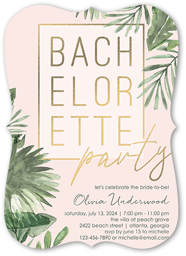 Tropical Bachelorette Bachelorette Party Invitation, Pink, 5x7 Flat, Pearl Shimmer Cardstock, Bracket
