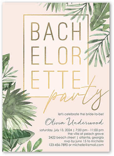 Tropical Bachelorette Bachelorette Party Invitation, Pink, 5x7 Flat, Pearl Shimmer Cardstock, Square