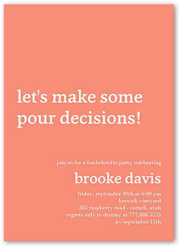 Let's Pour Bachelorette Party Invitation, Pink, 5x7 Flat, Write Your Own Greeting, 100% Recycled Cardstock , Square, Salmon