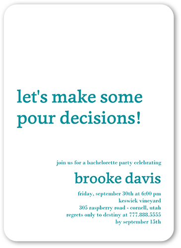 Let's Pour Bachelorette Party Invitation, White, 5x7 Flat, Write Your Own Greeting, Pearl Shimmer Cardstock, Rounded, White