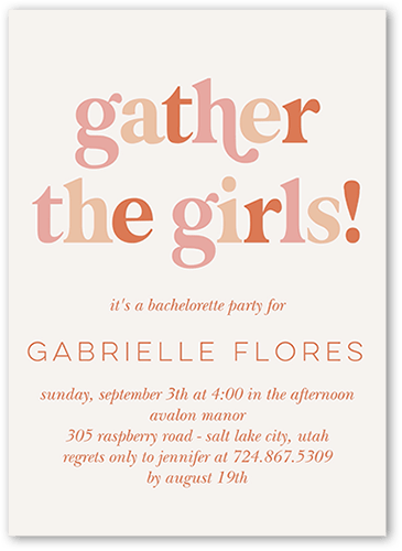 Girls Get Together Bachelorette Party Invitation, Orange, 5x7 Flat, 100% Recycled Cardstock , Square, Sedona