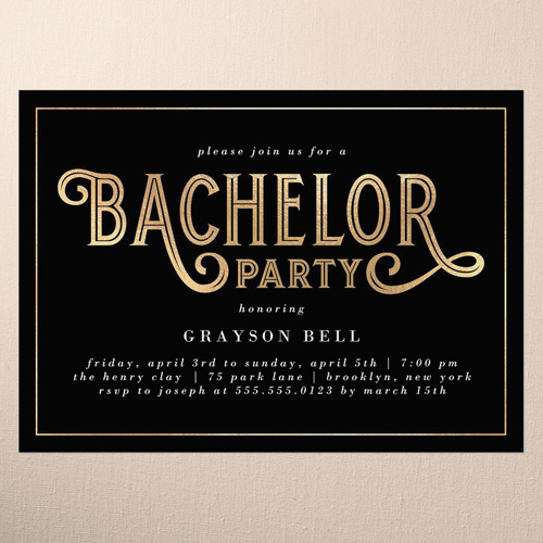 Eloquent Elegance Bachelor Party Invitation, Black, 5x7 Flat, Pearl Shimmer Cardstock, Square