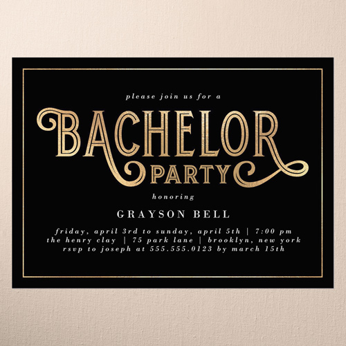 Eloquent Elegance Bachelor Party Invitation, Black, 5x7 Flat, Pearl Shimmer Cardstock, Square, Black