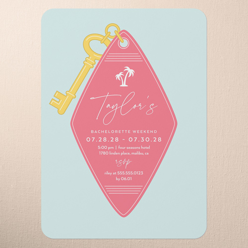 Key To Paradise Bachelorette Party Invitation, Pink, 5x7 Flat, Matte, Signature Smooth Cardstock, Rounded, Blush