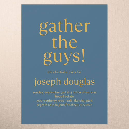 Gather The Guys Bachelor Party Invitation, Blue, 5x7 Flat, Write Your Own Greeting, Pearl Shimmer Cardstock, Square, Blue