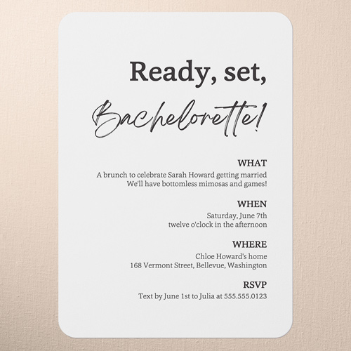 Ready Set Bachelorette Party Invitation, White, 5x7 Flat, Write Your Own Greeting, Standard Smooth Cardstock, Rounded, White