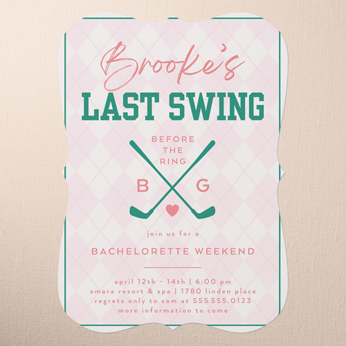 Golf Getaway Bachelorette Party Invitation, Pink, 5x7 Flat, Pearl Shimmer Cardstock, Bracket