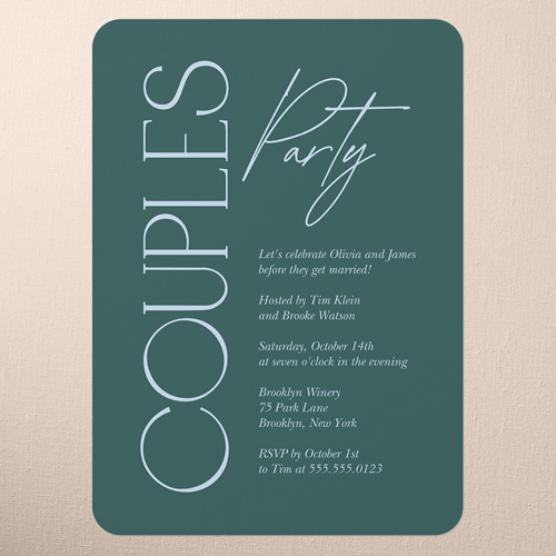 Timeless Type Couples Party Invitation, Green, 5x7 Flat, Write Your Own Greeting, Pearl Shimmer Cardstock, Rounded, Green